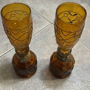Amber Pressed Glass Hurricane Candle Holders - Pair